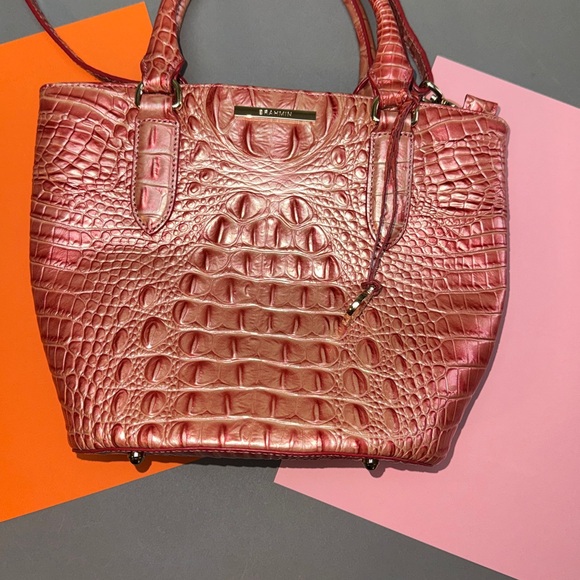 Brahmin Metallic Coral Pink Embossed Shoulder Bag - Picture 2 of 11